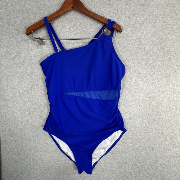 Charmo Other - Charmo‎ One Piece Swimsuit L Royal Blue Shoulder Mesh Ruched NWOT Tummy Control